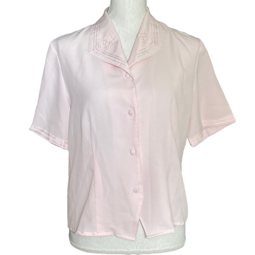 Swirl Applique Collar Blouse 10 Vintage Short Sleeve Chiffon Blush Pink